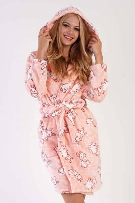 REN - Kadın Tavşan Resimli Toz Pembe Süper Yumuşak Vienetta Welwelsoft Kapsonlu Uzun Kol Kısa Sabahlık