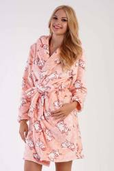 Kadın Tavşan Resimli Toz Pembe Süper Yumuşak Vienetta Welwelsoft Kapsonlu Uzun Kol Kısa Sabahlık - Thumbnail