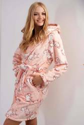 Kadın Tavşan Resimli Toz Pembe Süper Yumuşak Vienetta Welwelsoft Kapsonlu Uzun Kol Kısa Sabahlık (1)