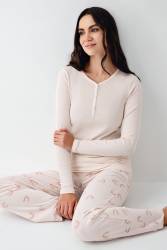 Kadın Toz Pembe Pijama Takım, Üst Kaşkorse Alt Pamuk modal - Thumbnail