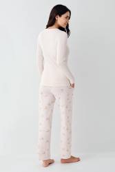 Kadın Toz Pembe Pijama Takım, Üst Kaşkorse Alt Pamuk modal - Thumbnail