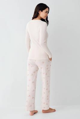 Kadın Toz Pembe Pijama Takım, Üst Kaşkorse Alt Pamuk modal - 4