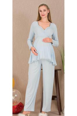 Kadın Tül Güpür Detay 3'lü Hamile Lohusa Pijama Takım, Uzun Hamile Lohusa Sabahlık ve Pijama Takımı - 7