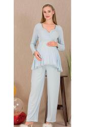 Kadın Tül Güpür Detay 3'lü Hamile Lohusa Pijama Takım, Uzun Hamile Lohusa Sabahlık ve Pijama Takımı - 7