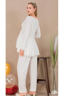 Kadın Tül Güpür Detay 3'lü Hamile Lohusa Pijama Takım, Uzun Hamile Lohusa Sabahlık ve Pijama Takımı - 10