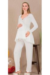 Kadın Tül Güpür Detay 3'lü Hamile Lohusa Pijama Takım, Uzun Hamile Lohusa Sabahlık ve Pijama Takımı - 11