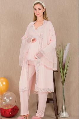 Kadın Tül Güpür Detay 3'lü Hamile Lohusa Pijama Takım, Uzun Hamile Lohusa Sabahlık ve Pijama Takımı - 1