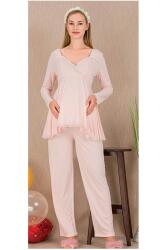 Kadın Tül Güpür Detay 3'lü Hamile Lohusa Pijama Takım, Uzun Hamile Lohusa Sabahlık ve Pijama Takımı (1)