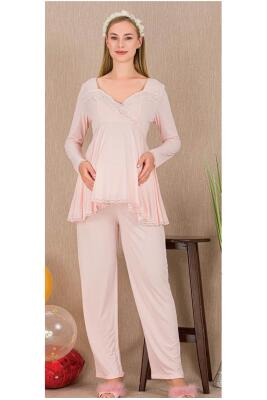 Kadın Tül Güpür Detay 3'lü Hamile Lohusa Pijama Takım, Uzun Hamile Lohusa Sabahlık ve Pijama Takımı - 2