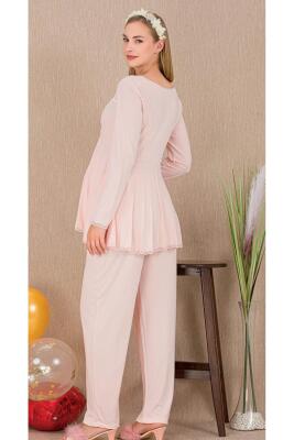 Kadın Tül Güpür Detay 3'lü Hamile Lohusa Pijama Takım, Uzun Hamile Lohusa Sabahlık ve Pijama Takımı - 3