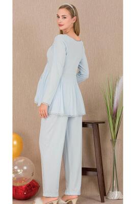 Kadın Tül Güpür Detay 3'lü Hamile Lohusa Pijama Takım, Uzun Hamile Lohusa Sabahlık ve Pijama Takımı - 8