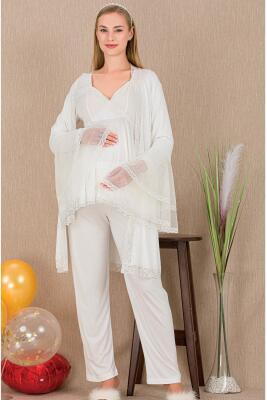 Kadın Tül Güpür Detay 3'lü Hamile Lohusa Pijama Takım, Uzun Hamile Lohusa Sabahlık ve Pijama Takımı - 12