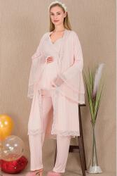 Kadın Tül Güpür Detay 3'lü Hamile Lohusa Pijama Takım, Uzun Hamile Lohusa Sabahlık ve Pijama Takımı