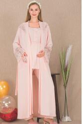 Kadın Tül Güpür Detay 3'lü Hamile Lohusa Pijama Takım, Uzun Hamile Lohusa Sabahlık ve Pijama Takımı - 5