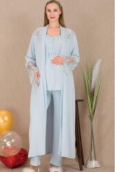 Kadın Tül Güpür Detay 3'lü Hamile Lohusa Pijama Takım, Uzun Hamile Lohusa Sabahlık ve Pijama Takımı - 9