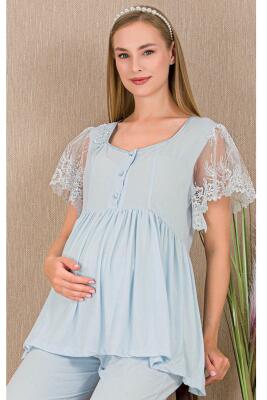 Kadın Tül Güpür Detay 3'lü Hamile Lohusa Pijama Takım, Uzun Hamile Lohusa Sabahlık ve Pijama Takımı - 10