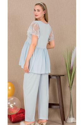 Kadın Tül Güpür Detay 3'lü Hamile Lohusa Pijama Takım, Uzun Hamile Lohusa Sabahlık ve Pijama Takımı - 12