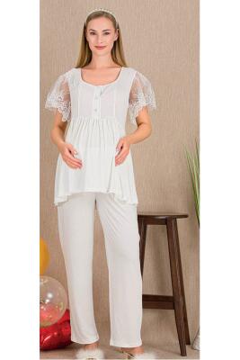 Kadın Tül Güpür Detay 3'lü Hamile Lohusa Pijama Takım, Uzun Hamile Lohusa Sabahlık ve Pijama Takımı - 2