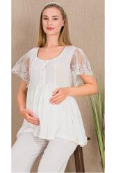 Kadın Tül Güpür Detay 3'lü Hamile Lohusa Pijama Takım, Uzun Hamile Lohusa Sabahlık ve Pijama Takımı - 3