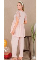 Kadın Tül Güpür Detay 3'lü Hamile Lohusa Pijama Takım, Uzun Hamile Lohusa Sabahlık ve Pijama Takımı - 6