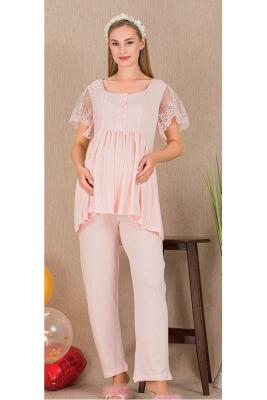 Kadın Tül Güpür Detay 3'lü Hamile Lohusa Pijama Takım, Uzun Hamile Lohusa Sabahlık ve Pijama Takımı - 7