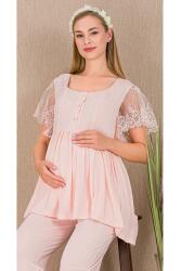 Kadın Tül Güpür Detay 3'lü Hamile Lohusa Pijama Takım, Uzun Hamile Lohusa Sabahlık ve Pijama Takımı - 8