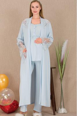 Kadın Tül Güpür Detay 3'lü Hamile Lohusa Pijama Takım, Uzun Hamile Lohusa Sabahlık ve Pijama Takımı - 9