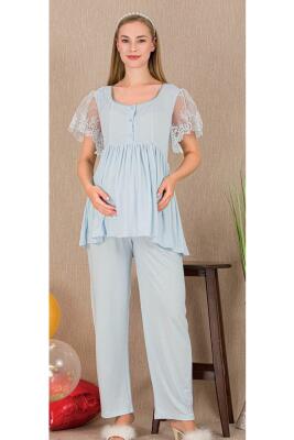 Kadın Tül Güpür Detay 3'lü Hamile Lohusa Pijama Takım, Uzun Hamile Lohusa Sabahlık ve Pijama Takımı - 11