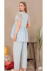 Kadın Tül Güpür Detay 3'lü Hamile Lohusa Pijama Takım, Uzun Hamile Lohusa Sabahlık ve Pijama Takımı - 12