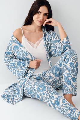 Pierre Cardin - Kadın Turkuaz 3'lü Pijama Takım, Modal Pamuk Kumaş