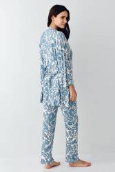 Kadın Turkuaz 3'lü Pijama Takım, Modal Pamuk Kumaş - Thumbnail