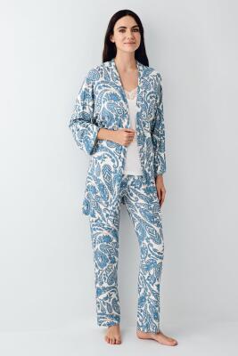 Kadın Turkuaz 3'lü Pijama Takım, Modal Pamuk Kumaş - 2
