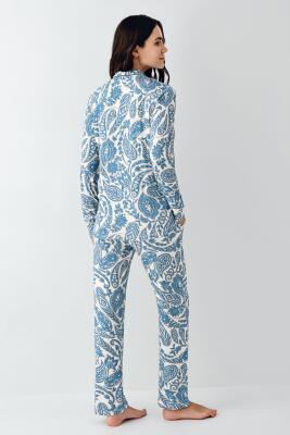 Kadın Turkuaz Gömlek Pijama Takım, %48 Pamuk %48 Modal %4 Elastan - 4