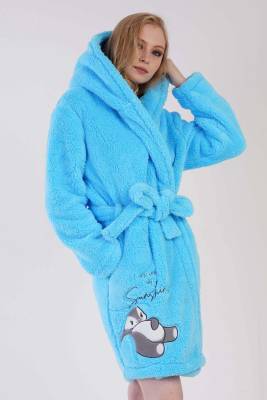 REN - Kadın Turkuaz Süper Yumuşak Welwelsoft Kapsonlu Uzun Kol Kısa Sabahlık