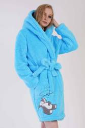 Kadın Turkuaz Süper Yumuşak Welwelsoft Kapsonlu Uzun Kol Kısa Sabahlık - Thumbnail