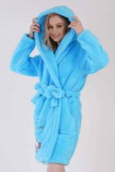 Kadın Turkuaz Süper Yumuşak Welwelsoft Kapsonlu Uzun Kol Kısa Sabahlık - Thumbnail