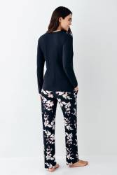 Kadın Uzunkol Düğmeli Lacivert Pijama Takım, %50 pamuk %50 modal - Thumbnail