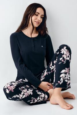 Kadın Uzunkol Düğmeli Lacivert Pijama Takım, %50 pamuk %50 modal - 1