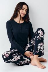 Kadın Uzunkol Düğmeli Lacivert Pijama Takım, %50 pamuk %50 modal - 1