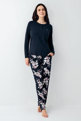 Kadın Uzunkol Düğmeli Lacivert Pijama Takım, %50 pamuk %50 modal - 2