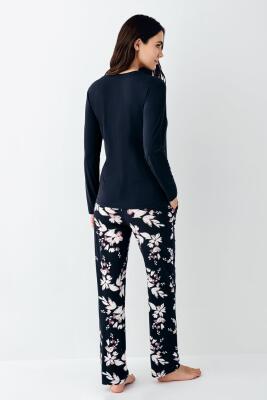 Kadın Uzunkol Düğmeli Lacivert Pijama Takım, %50 pamuk %50 modal - 4