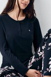 Kadın Uzunkol Düğmeli Lacivert Pijama Takım, %50 pamuk %50 modal - Thumbnail