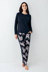 Kadın Uzunkol Düğmeli Lacivert Pijama Takım, %50 pamuk %50 modal - Thumbnail