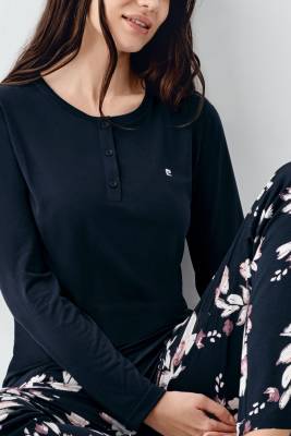 Kadın Uzunkol Düğmeli Lacivert Pijama Takım, %50 pamuk %50 modal - 3