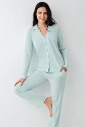 Kadın V Yaka Gömlek Pijama Takım, Mevsimlik Pijama Takım%50 Modal %50 Pamuklu - Thumbnail