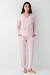 Kadın V Yaka Gömlek Pijama Takım, Mevsimlik Pijama Takım%50 Modal %50 Pamuklu - Thumbnail