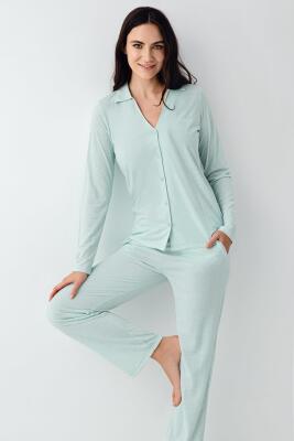 Kadın V Yaka Gömlek Pijama Takım, Mevsimlik Pijama Takım%50 Modal %50 Pamuklu - 5