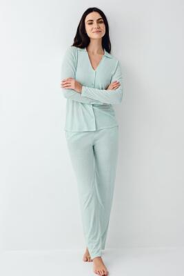 Kadın V Yaka Gömlek Pijama Takım, Mevsimlik Pijama Takım%50 Modal %50 Pamuklu - 6