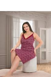 Kadın Vişne Askılı Büyük Beden Gecelik, İnce Askılı V Yaka Midi Boy Gecelik,viskon kumaş - Thumbnail