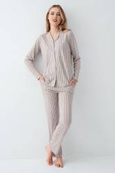 Kadın Vizon Gömlek Pijama Takım, Çizgili, %100 Pamuk - Thumbnail